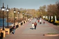 Kiev, Ukraine, 09.04.2020: Walking people on the Obolon quay. on a quarantine. Ban on walking - people violate. penalty. Air -