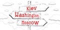 Kiev, Washington, Moscow - outline signpost with three arrows