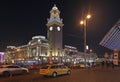 Kievskiy railway station by night in Moscow, Russia