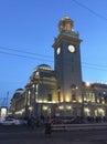 Kievskiy railway station by night in Moscow, Russia