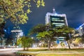 Kigali, Rwanda - August 19 2022: Kigali city centre lit up at night with Pension Plaza in view