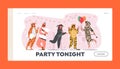 Kigurumi Pajama Party Landing Page Template. Young People in Animal Costumes Unicorn, Donkey, Zebra, Giraffe and Tiger