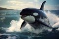 Killer whale aka Orca leaping from sunset ocean water with splashes. Orcinus orca. Royalty Free Stock Photo