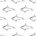 Killer whale character abstract hand drawn vector seamless pattern. Retro illustration. Marine wild mammal. Ocean and Royalty Free Stock Photo