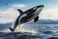 Killer whale jumping in the ocean. 3D Rendering, Big orca whale jumping out of the sea, AI Generated Royalty Free Stock Photo