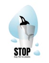 Killer whale jumps out of a plastic cup on the background of transparent and blue water drops. Royalty Free Stock Photo