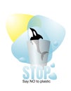 Killer whale jumps out of a plastic cup toward the sun on the background of clear blue water. Royalty Free Stock Photo