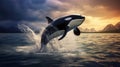A killer whale jumps out of the water in the middle of the ocean. The strength and power of a large predatory dangerous Royalty Free Stock Photo