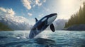 A killer whale jumps out of the water in the middle of the ocean. The strength and power of a large predatory dangerous Royalty Free Stock Photo