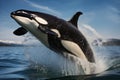 A killer whale leaps out of the fluid, towards the sky Royalty Free Stock Photo