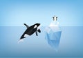 Killer whale looking at penguin sitting on iceberg illustration