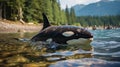 Killer whale, marine mammal washed ashore. A large representative of cetaceans. A scary animal that needs help.