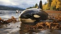 Killer whale, marine mammal washed ashore. A large representative of cetaceans. A scary animal that needs help.