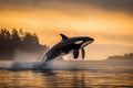 Killer whale Orca jumping out of water at sunset. Amazing wild life. Generative Ai