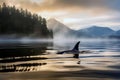 Killer whale Orca traveling on ocean a misty sunset day. Amazing Wildlife. Generative Ai Royalty Free Stock Photo