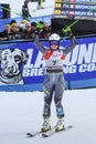 Ragnhild Mowinckel of Norway in the finish area after the first run of the giant slalom Royalty Free Stock Photo