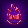 Kilocalorie neon emblem, kcal reduction. Zero calories diet program packaging. Vector stock illustration.
