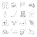 Kilt, bagpipes, thistles are national subjects of Scotland. Scotland set collection icons in line style vector symbol