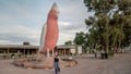 KIMBA, AUSTRALIA - MAY, 20, 2021: wide shot of a tourist taking a selfie in front of the big galah Royalty Free Stock Photo