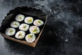 Kimbap or gimbap korean rice roll, Korean sushi. Black background. Top view. Copy space