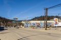 KIMBERLEY, CANADA - MARCH 22, 2019: main street in small town in British Columbia with shops restaurants cars