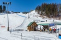 KIMBERLEY, CANADA - MARCH 19, 2019: ski track at alpine resort at sunny spring day