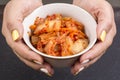 Kimchi or kimchee in white bowl