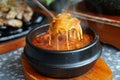 Kimchi Soup with tofu and pork belly served in clay pot, One of the most loved of all the stews in Korean cuisine, Most popular Royalty Free Stock Photo