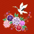 Kimono decorative motif with flowers and crane Royalty Free Stock Photo