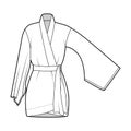 Kimono robe technical fashion illustration with long wide sleeves, belt to cinch the waist, above-the-knee length.