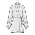 Kimono robe technical fashion illustration with long wide sleeves, belt to cinch the waist, above-the-knee length.