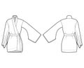 Kimono robe technical fashion illustration with long wide sleeves, belt to cinch the waist, above-the-knee length.