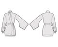 Kimono robe technical fashion illustration with long wide sleeves, belt to cinch the waist, above-the-knee length.