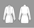 Kimono robe technical fashion illustration with long wide sleeves, belt to cinch the waist, above-the-knee length.