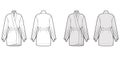 Kimono robe technical fashion illustration with long wide sleeves, belt to cinch the waist, above-the-knee length.