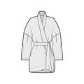 Kimono technical fashion illustration with relaxed fit, long wide sleeves, belt to cinch the waist above-the-knee length