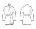 Kimono technical fashion illustration with relaxed fit, long wide sleeves, belt to cinch the waist above-the-knee length