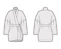 Kimono technical fashion illustration with relaxed fit, long wide sleeves, belt to cinch the waist above-the-knee length