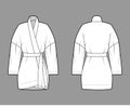 Kimono technical fashion illustration with relaxed fit, long wide sleeves, belt to cinch the waist above-the-knee length