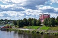 Kimry, Tver Region, Russia - August 19, 2020: View of the left bank of small town Kimry from the bridge Royalty Free Stock Photo