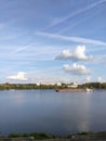 Kimry, Tver Region, Russia - September 1, 2019: View of the barge and the right bank of the Volga river from the Fadeev embankment Royalty Free Stock Photo