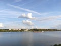 Kimry, Tver Region, Russia - September 1, 2019: View of the barge and the right bank of the Volga river from the Fadeev embankment Royalty Free Stock Photo