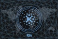 Kin Abstract Cryptocurrency. With a dark background and a world map. Graphic concept for your design