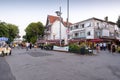 Turkish people and tourists sightseeing walking around in the evening time some restaurant shops for travel destinations