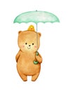 Kind bear cub with a yellow bird friend under an umbrella. Children character illustration hand drawn in watercolor Royalty Free Stock Photo