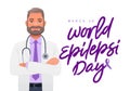 Kind bearded doctor with a stethoscope stands with his arms crossed. Inscription is World Epilepsy Day, March 26. Purple ribbon