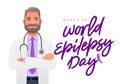 Kind bearded doctor with a stethoscope stands with his arms crossed. Inscription - World Epilepsy Day, March 26. Purple ribbon
