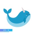 A kind blue whale in delicate blue colors, with a festive cap on his head. Proud and sweet. Vector illustration.