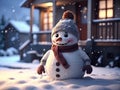 Kind, cartoon Funny snowman in a knitted hat and scarf in the yard on the background cozy house with warm light inside. Winter