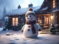 Kind, cartoon Funny snowman in a knitted hat and scarf in the yard on the background cozy house with warm light inside. Winter